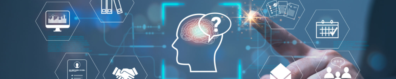The Geopolitics of Information Operations Hand pointing at digital icons representing thinking and information processing.