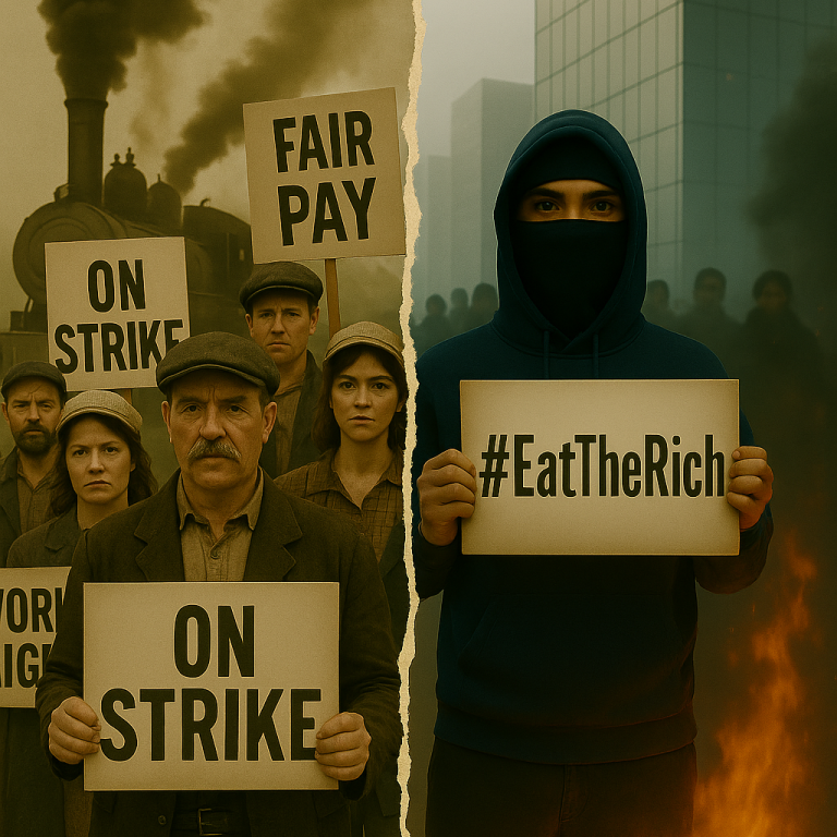 Revolutionary Violence in the New Gilded Age Two groups holding signs about workers' rights and social justice, amidst smoke and flames.