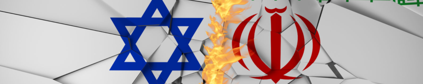 The Geopolitics of Israel Flag symbols of Israel and Iran divided by flames.