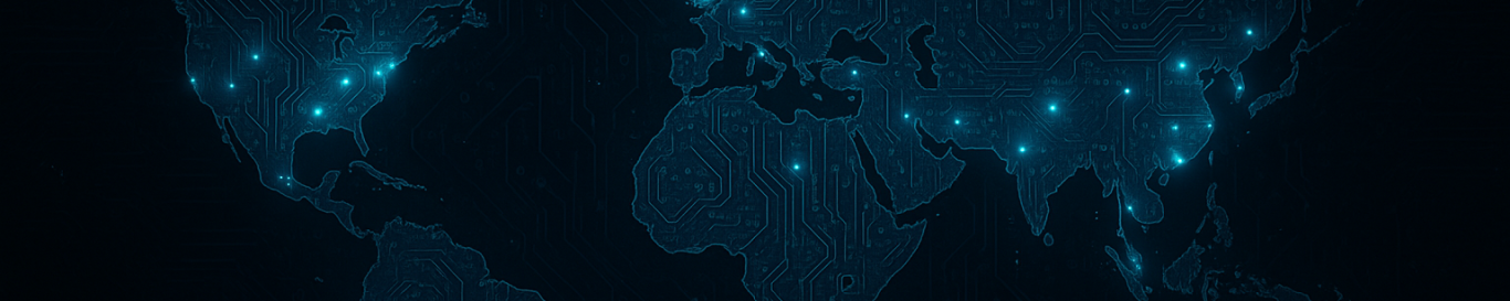 The Geopolitics of Technology World map highlighting various locations with glowing blue points.