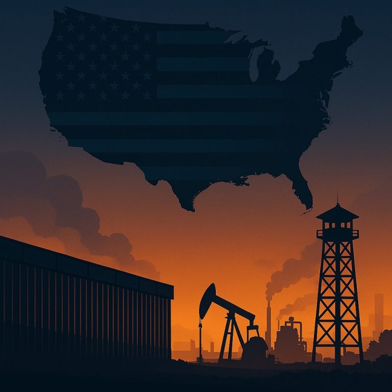 UN Accusations Against Israel Drone above an oil rig and a tractor near storage containers in an industrial setting.