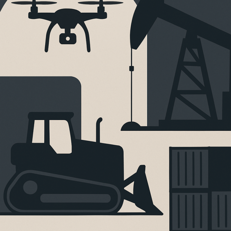 UN Accusations Against Israel Drone above an oil rig and a tractor near storage containers in an industrial setting.